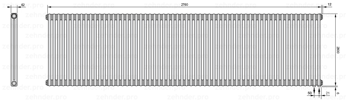 Схема (чертеж) Радиатор Zehnder Charleston 2280/60 №5510 Белый глянцевый RAL 9016
